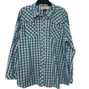 Bit & Bridle Blue Pink Plaid Pearl Snap Button Up Long Sleeve Western Shirt 3x